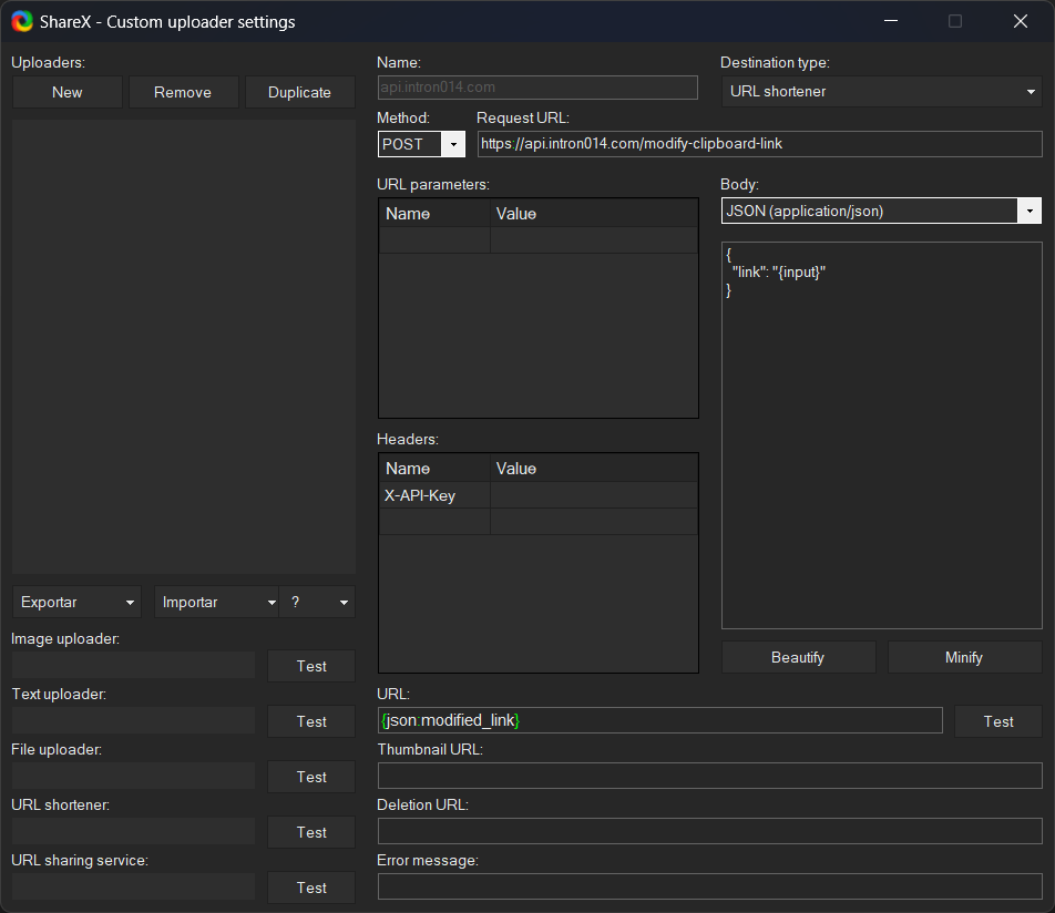 ShareX custom uploader settings depicting the settings for the API